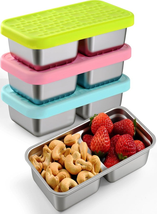 Jrisbo Stainless Steel Snack Containers, 3-Pack Double Compartment Bento Box with Leakproof Silicone Lids, 15oz Small Reusable Divided Food Storage Containers for Lunch Prep, Travel, Camping & Kids - Image 1
