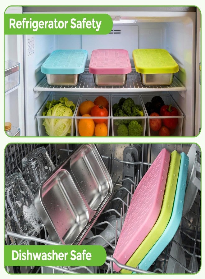 Jrisbo Stainless Steel Snack Containers, 3-Pack Double Compartment Bento Box with Leakproof Silicone Lids, 15oz Small Reusable Divided Food Storage Containers for Lunch Prep, Travel, Camping & Kids - Image 4