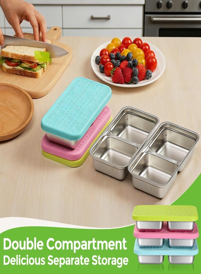 Jrisbo Stainless Steel Snack Containers, 3-Pack Double Compartment Bento Box with Leakproof Silicone Lids, 15oz Small Reusable Divided Food Storage Containers for Lunch Prep, Travel, Camping & Kids - Image 2