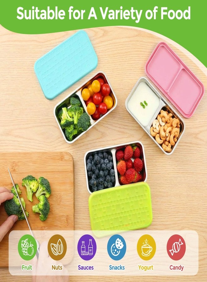 Jrisbo Stainless Steel Snack Containers, 3-Pack Double Compartment Bento Box with Leakproof Silicone Lids, 15oz Small Reusable Divided Food Storage Containers for Lunch Prep, Travel, Camping & Kids - Image 3