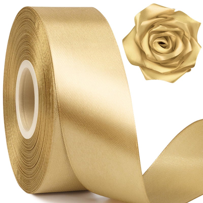 Mauproy 1-1/2 Inch Wide Champaign Gold Satin Ribbon, 50 Yards Solid Polyester Fabric Ribbon for Roses Making, Gift Wrapping, New Year Eve Party, Wedding Decorations, Crafts, Bows - Image 1