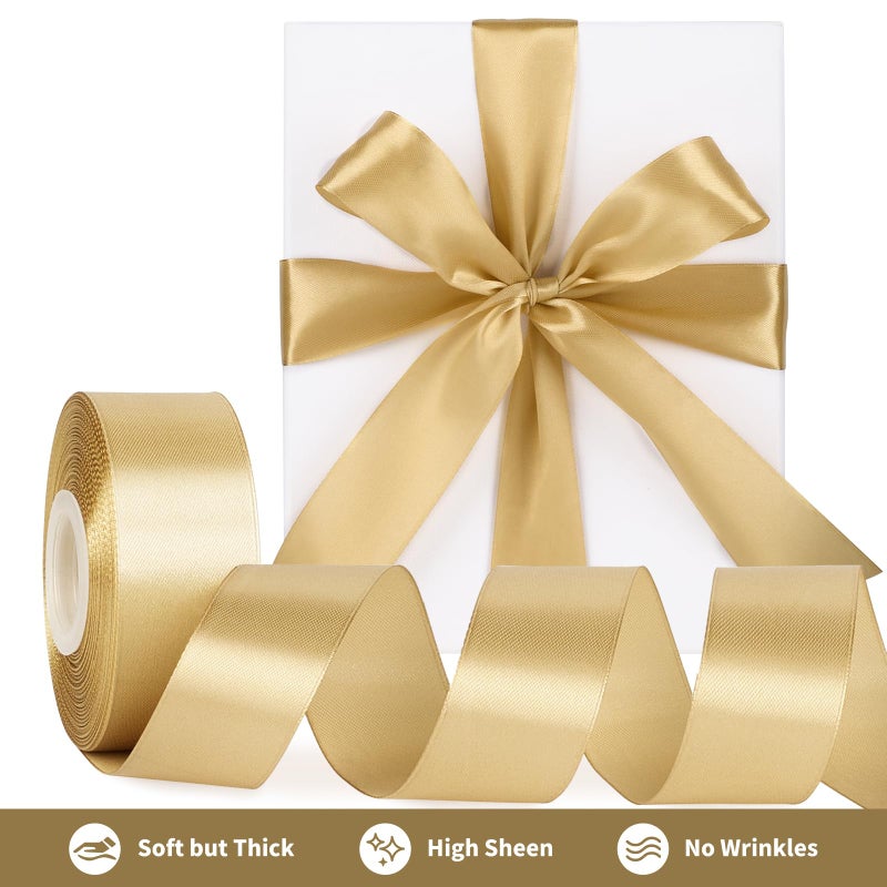 Mauproy 1-1/2 Inch Wide Champaign Gold Satin Ribbon, 50 Yards Solid Polyester Fabric Ribbon for Roses Making, Gift Wrapping, New Year Eve Party, Wedding Decorations, Crafts, Bows - Image 3