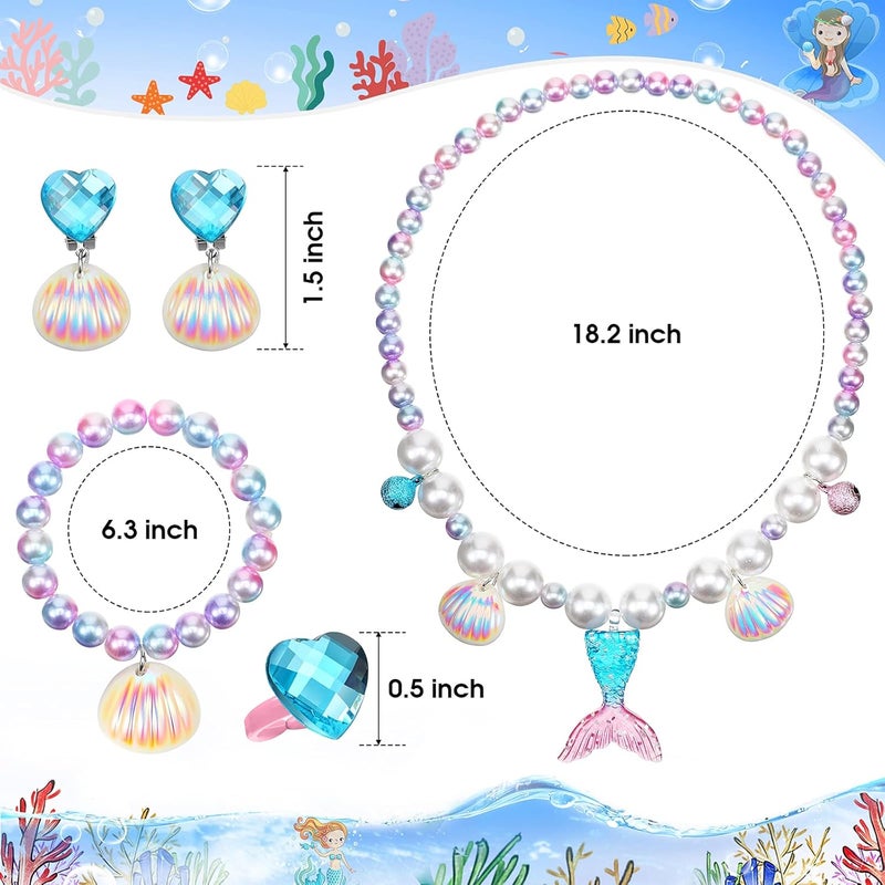 Jadive Mermaid Jewelry Set for Girls, 4 Pcs Mermaid Necklace Bracelet Ring Earrings for Kids Little Girls Christmas Halloween Dress up Pretend Play Supplies Birthday Gifts - Image 2