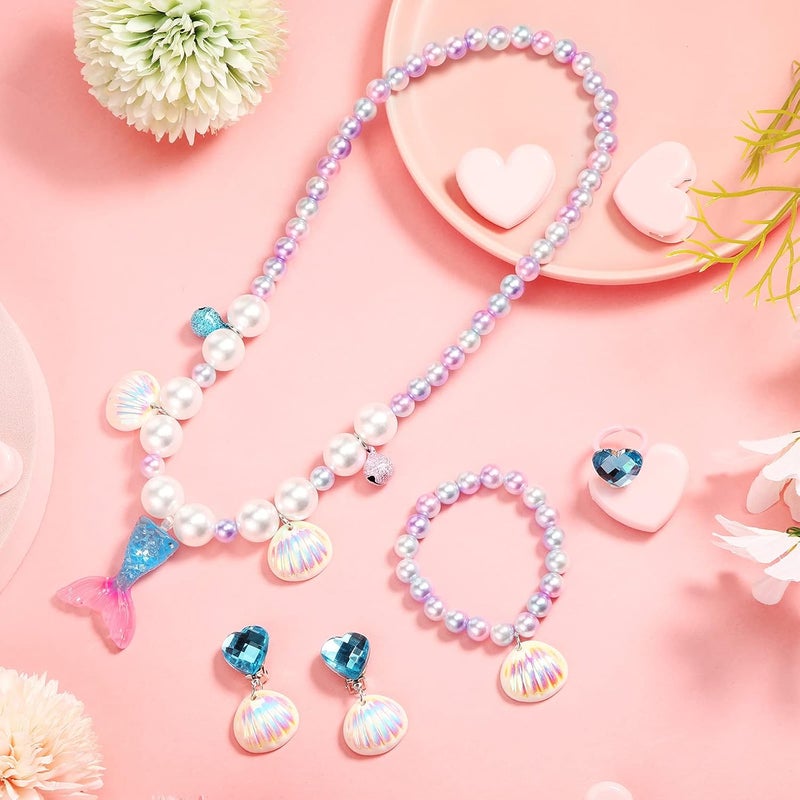 Jadive Mermaid Jewelry Set for Girls, 4 Pcs Mermaid Necklace Bracelet Ring Earrings for Kids Little Girls Christmas Halloween Dress up Pretend Play Supplies Birthday Gifts - Image 3