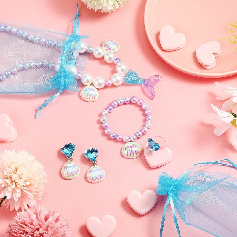 Jadive Mermaid Jewelry Set for Girls, 4 Pcs Mermaid Necklace Bracelet Ring Earrings for Kids Little Girls Christmas Halloween Dress up Pretend Play Supplies Birthday Gifts - Image 5