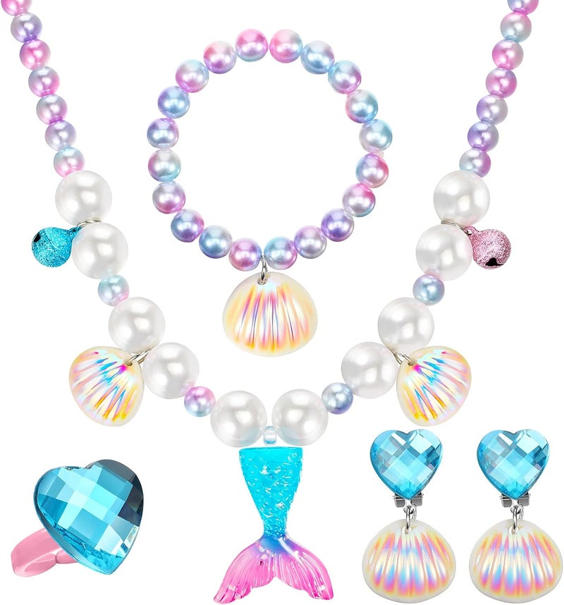 Jadive Mermaid Jewelry Set for Girls, 4 Pcs Mermaid Necklace Bracelet Ring Earrings for Kids Little Girls Christmas Halloween Dress up Pretend Play Supplies Birthday Gifts - Image 1
