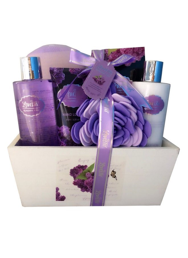 Lovestee Spa Gift Basket with Lavender Fragrance and Lilac Color - Bath and Body Set Includes Shower Gel, Body Lotion, Hand Lotion, Bath Salt, Flower Sponge and EVA Sponge  - Image 1