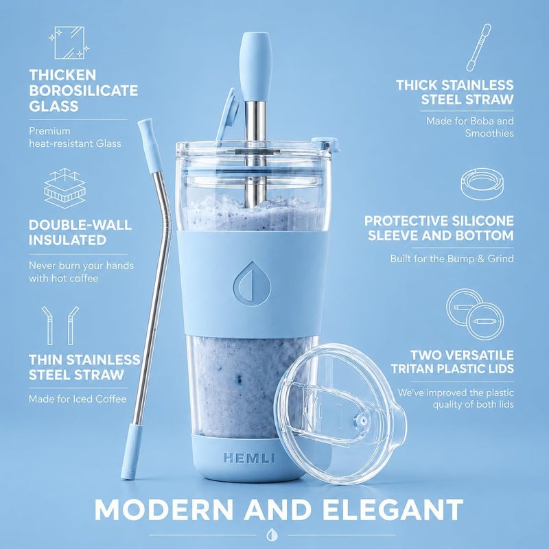 Hemli 19 oz. Clear Double Wall Glass Coffee Tumbler, To Go Glass Travel Mug with Lid, Portable Glass Thermos with Straw, Reusable Cup for Coffee, Tea, Smoothies, Ice Coffee, and Boba (Light Blue) - Image 3