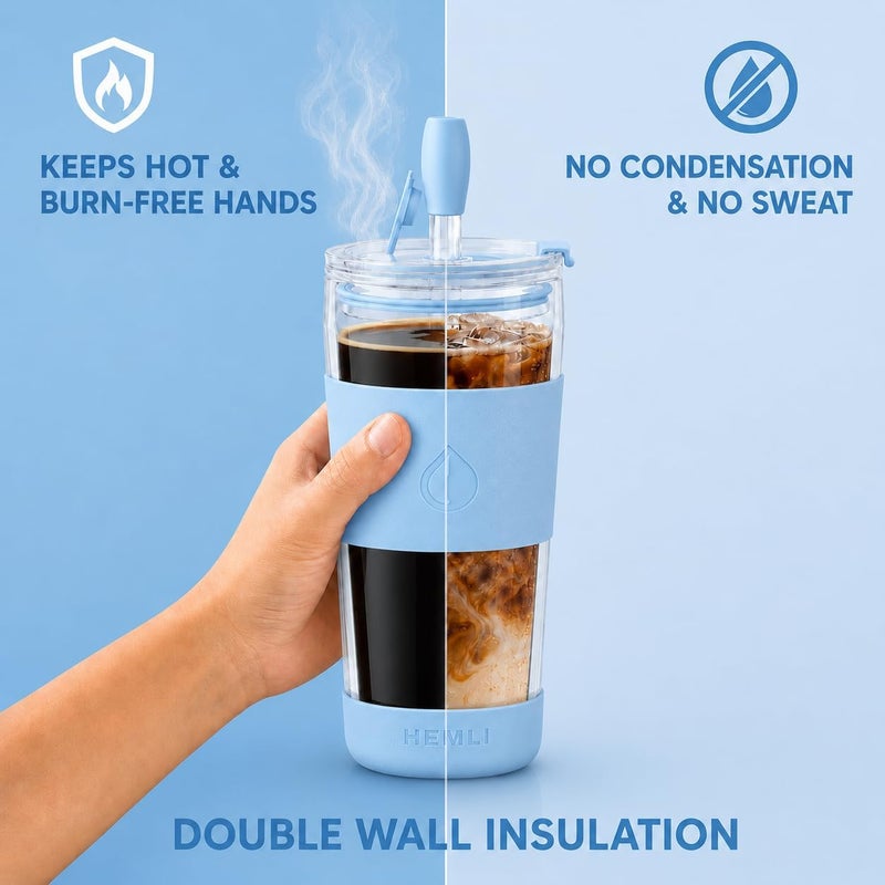 Hemli 19 oz. Clear Double Wall Glass Coffee Tumbler, To Go Glass Travel Mug with Lid, Portable Glass Thermos with Straw, Reusable Cup for Coffee, Tea, Smoothies, Ice Coffee, and Boba (Light Blue) - Image 4