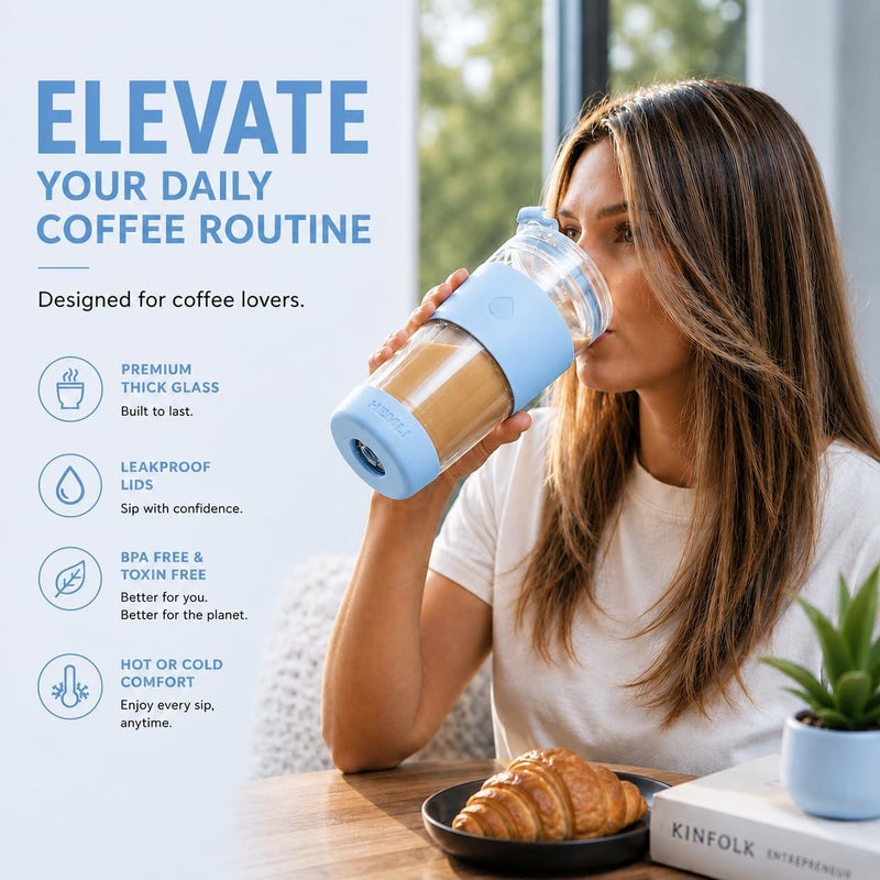 Hemli 19 oz. Clear Double Wall Glass Coffee Tumbler, To Go Glass Travel Mug with Lid, Portable Glass Thermos with Straw, Reusable Cup for Coffee, Tea, Smoothies, Ice Coffee, and Boba (Light Blue) - Image 5