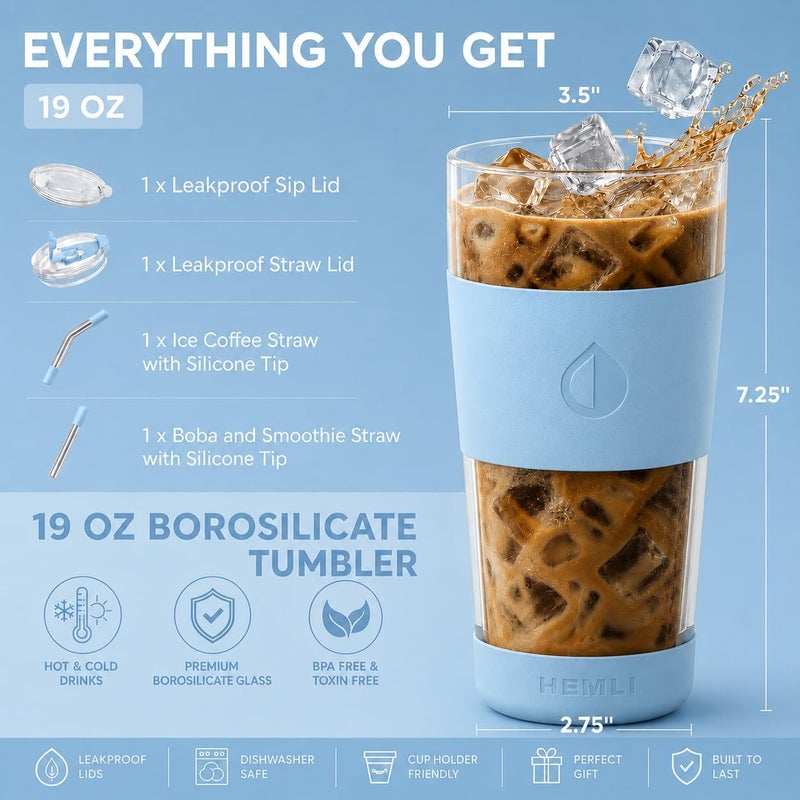 Hemli 19 oz. Clear Double Wall Glass Coffee Tumbler, To Go Glass Travel Mug with Lid, Portable Glass Thermos with Straw, Reusable Cup for Coffee, Tea, Smoothies, Ice Coffee, and Boba (Light Blue) - Image 2