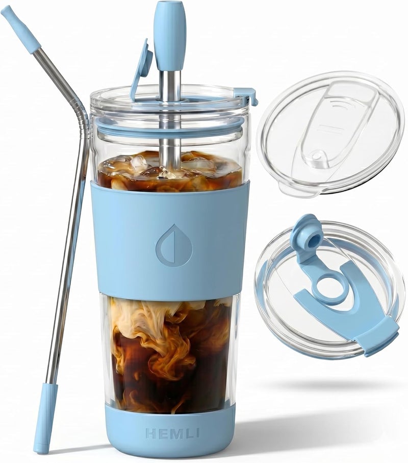 Hemli 19 oz. Clear Double Wall Glass Coffee Tumbler, To Go Glass Travel Mug with Lid, Portable Glass Thermos with Straw, Reusable Cup for Coffee, Tea, Smoothies, Ice Coffee, and Boba (Light Blue) - Image 1