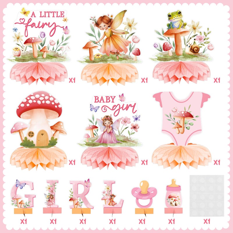 Angolio 12Pcs Watercolor Mushroom Fairy Honeycomb Centerpieces Party Decorate Pink Baby Fairy Paper Topper Honeycomb 3D Table Decoration For Kids Party Baby Shower Birthday Supplies - Image 3