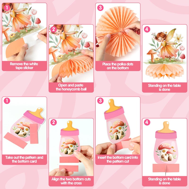 Angolio 12Pcs Watercolor Mushroom Fairy Honeycomb Centerpieces Party Decorate Pink Baby Fairy Paper Topper Honeycomb 3D Table Decoration For Kids Party Baby Shower Birthday Supplies - Image 4
