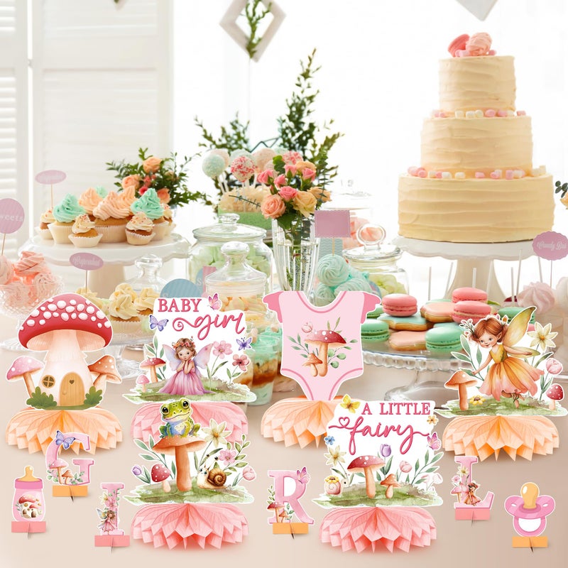 Angolio 12Pcs Watercolor Mushroom Fairy Honeycomb Centerpieces Party Decorate Pink Baby Fairy Paper Topper Honeycomb 3D Table Decoration For Kids Party Baby Shower Birthday Supplies - Image 5