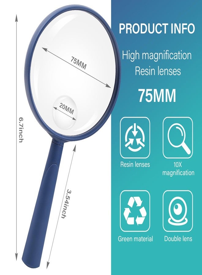 Feosky Handheld Reading Magnifier, 10X Magnifier, 75mm Shatterproof Lens, Adults Close Work Non-Slip Handle for Seniors Reading and Nature Exploration(Navy Blue) - Image 2