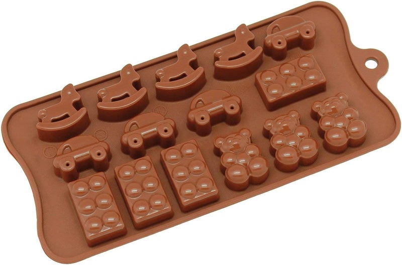 Freshware CB614BR 15Cavity Silicone Toy Car Block and Bear Chocolate Candy and Gummy Mold Brown - Image 1