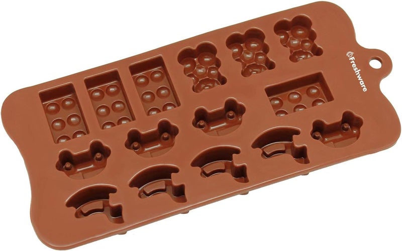 Freshware CB614BR 15Cavity Silicone Toy Car Block and Bear Chocolate Candy and Gummy Mold Brown - Image 2