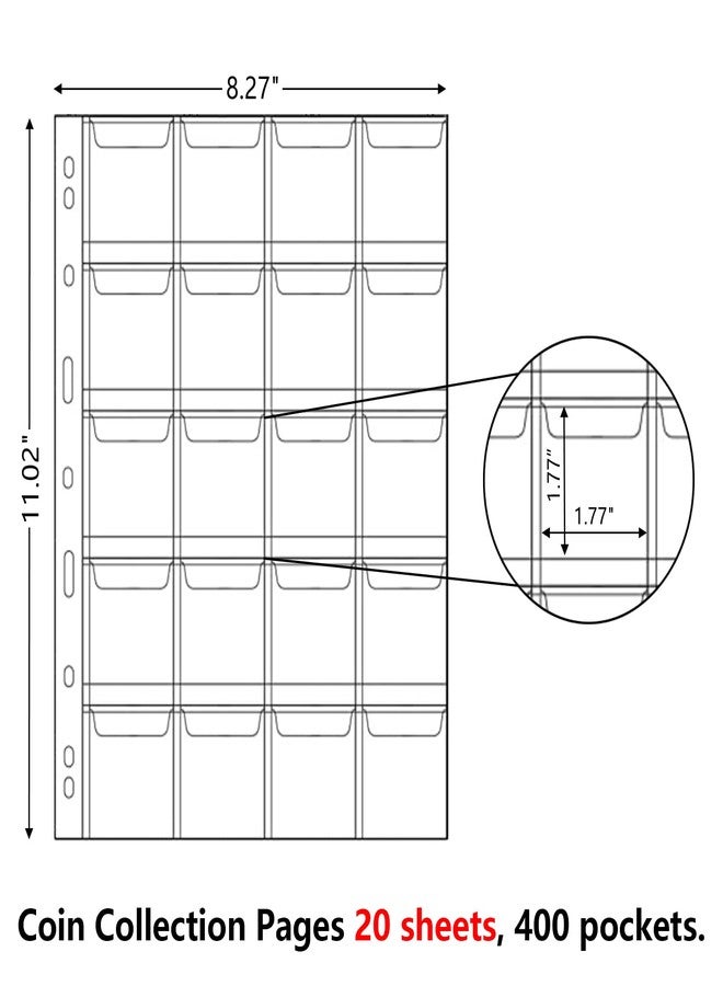 MUQING 400 Pockets Coin Collecting Supplies, 20 Sheets Coin Pages Sleeves Collectors for 3 and 4 Ring Binder, Coin Plastic Sheets for Album(20 Pocket) - Image 3