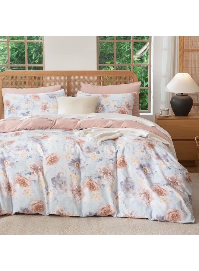 TISPLR Queen Size Comforter Floral 3 Pieces Soft Chic Crinkle Gauze Fabric Peony Floral Print Lightweight Botanical Flower Comforter for All Seasons Luxury Warmth Comfy Breathable with 2 Pillowcases - Image 1