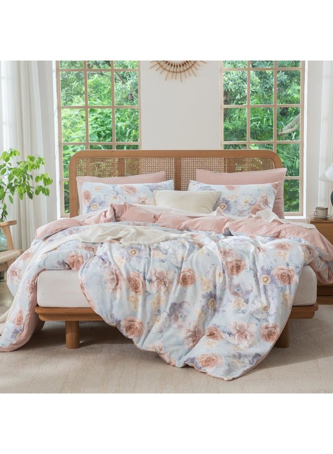 TISPLR Queen Size Comforter Floral 3 Pieces Soft Chic Crinkle Gauze Fabric Peony Floral Print Lightweight Botanical Flower Comforter for All Seasons Luxury Warmth Comfy Breathable with 2 Pillowcases - Image 2