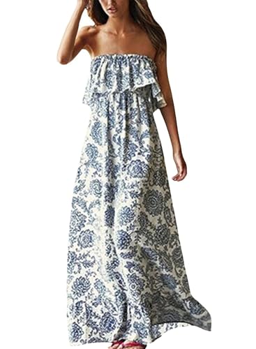 ZMPSIISA فستان ماكسي صيفي للنساء بدون أكتاف مزين بأطراف زرقاء وبيضاء من بورسلين بوهو - Image 1