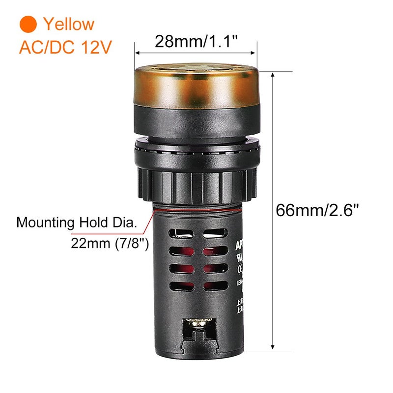 uxcell 3Pcs Yellow Indicator Light with Buzzer AC/DC 12V, 22mm Panel Mount Flashing Alarm, for Electrical Control Panel, HVAC, DIY Projects - Image 2
