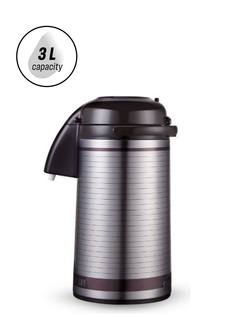 Royalford Airpot Flask, 3L, Double Wall Vacuum Insulation| RF10501 | Asbestos-Free Glass Inner | 360 Rotating Base; Splash-Proof Nozzle | Portable And Leak-Resistant | Keep Drinks Hot Or Cold for Hours Dark Brown/Silver 3.0Liters - Image 1