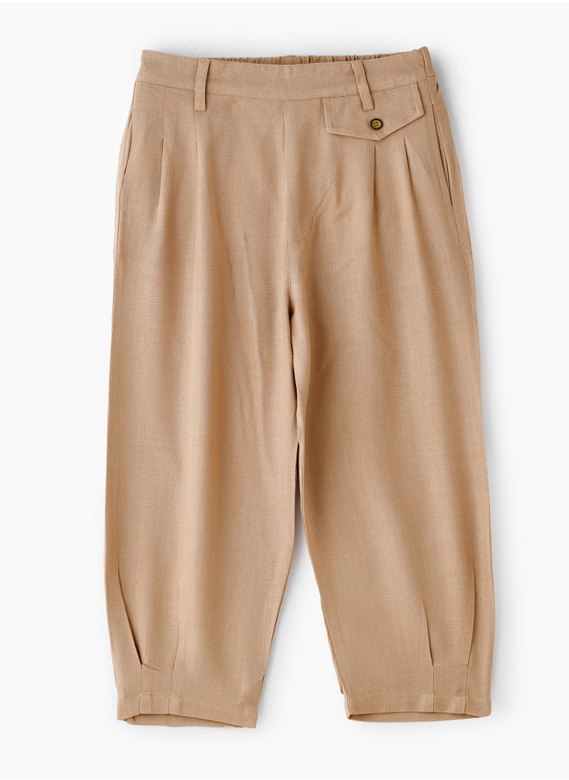 Jelliene Girls' Pleated Beige Pants with Button Detail  - Image 1