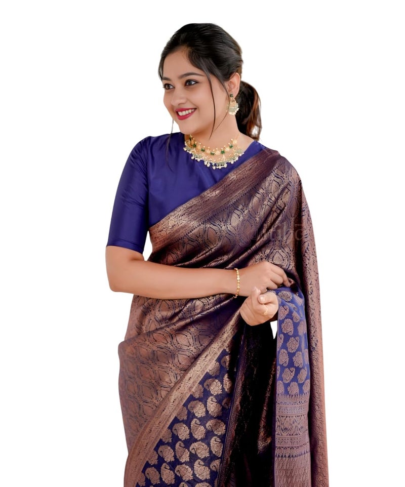 MAHEK Fab Heavy Banarasi kanjivaram Sarees for Women's Indian Saree Fancy Wedding saree Party Wear sari & Blouse Piece. (Blue2) - Image 1