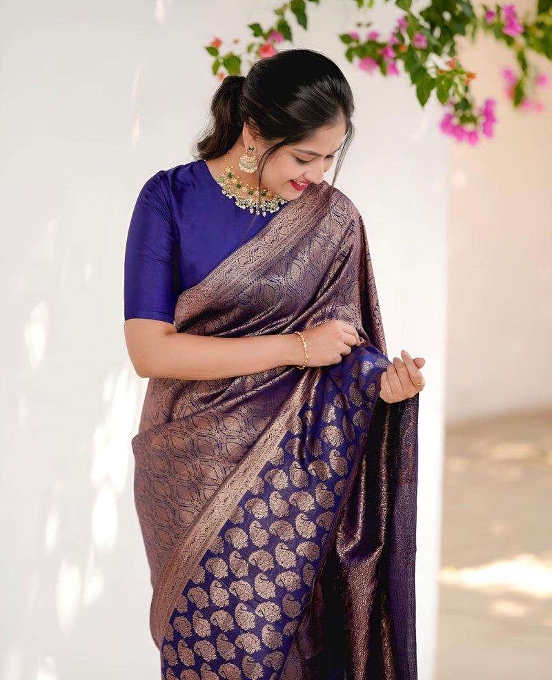MAHEK Fab Heavy Banarasi kanjivaram Sarees for Women's Indian Saree Fancy Wedding saree Party Wear sari & Blouse Piece. (Blue2) - Image 5