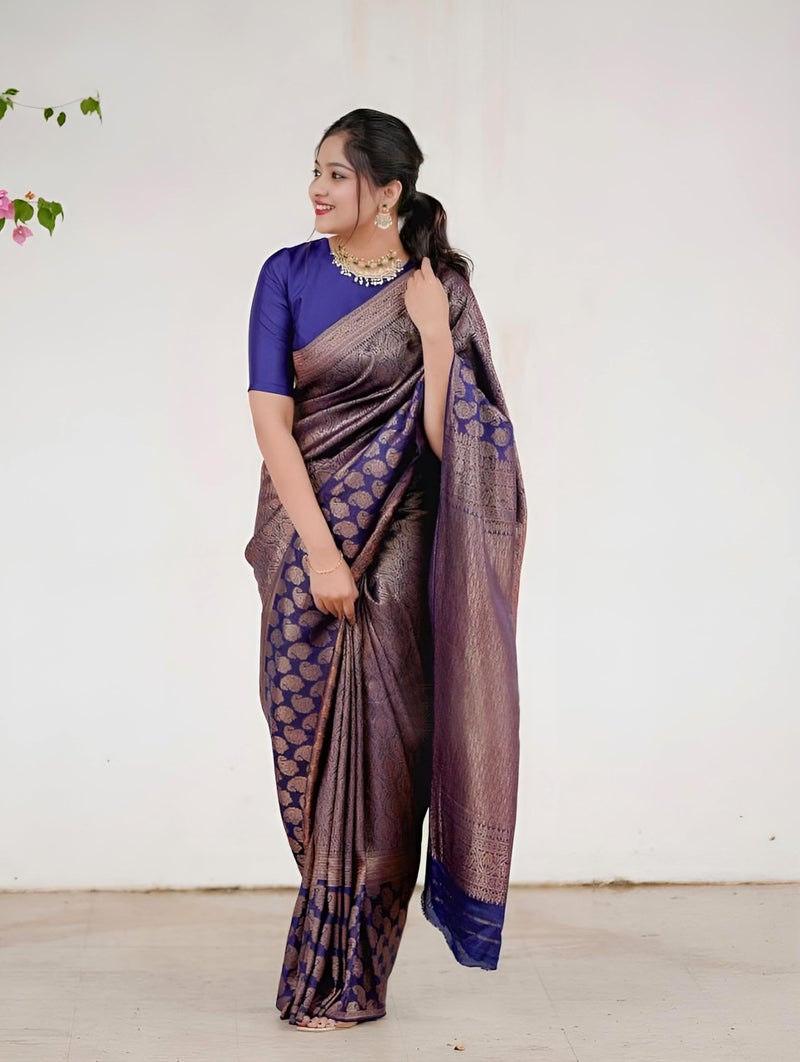 MAHEK Fab Heavy Banarasi kanjivaram Sarees for Women's Indian Saree Fancy Wedding saree Party Wear sari & Blouse Piece. (Blue2) - Image 2
