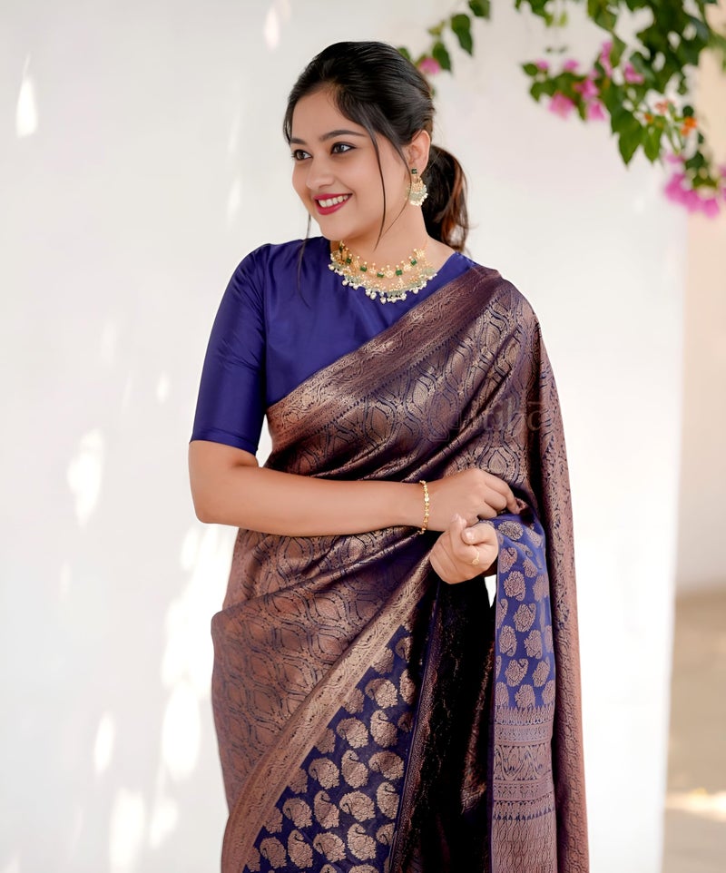 MAHEK Fab Heavy Banarasi kanjivaram Sarees for Women's Indian Saree Fancy Wedding saree Party Wear sari & Blouse Piece. (Blue2) - Image 4