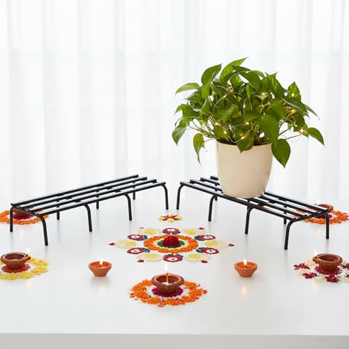 Pivalo Rectangular Plant Stand Metal Flower Pot Holder Gamla Support Corner Rack Outdoor Display Shelf for Indoor Home Garden - (Pack of 2, Black) - Image 1