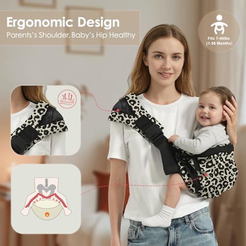 Shiaon Baby Sling Carrier Newborn to Toddler, Adjustable Toddler Carrier Sling Baby Carrier Toddlers Sling Carriers Hip Carriers for 8-40lbs, Beige Leopard Print - Image 3