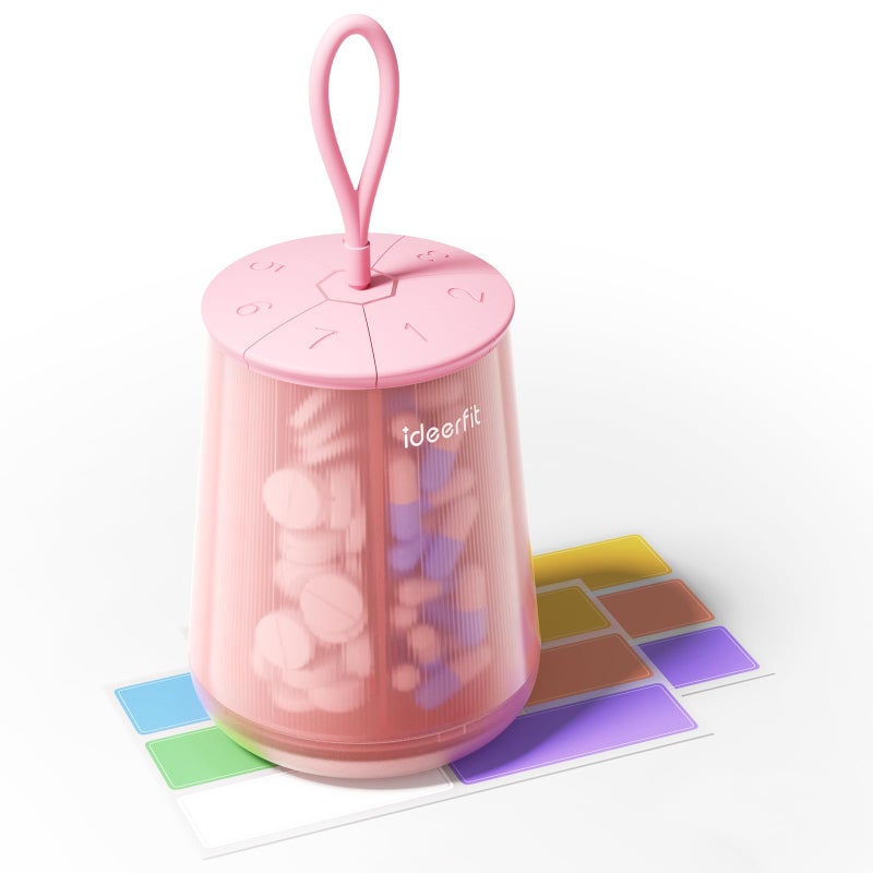 ideerfit Large Pill Bottle Organizer â€“ Pill Dispenser with 7 Compartments, Pill Box Case with Anti-Mixing Design, Moisture-Proof, Vitamin & Supplement Organizer with Color Labels (Pink) - Image 1