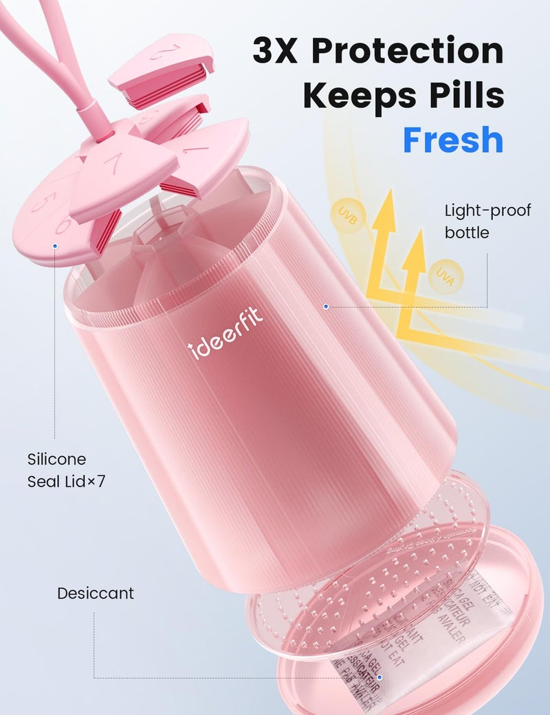 ideerfit Large Pill Bottle Organizer â€“ Pill Dispenser with 7 Compartments, Pill Box Case with Anti-Mixing Design, Moisture-Proof, Vitamin & Supplement Organizer with Color Labels (Pink) - Image 3