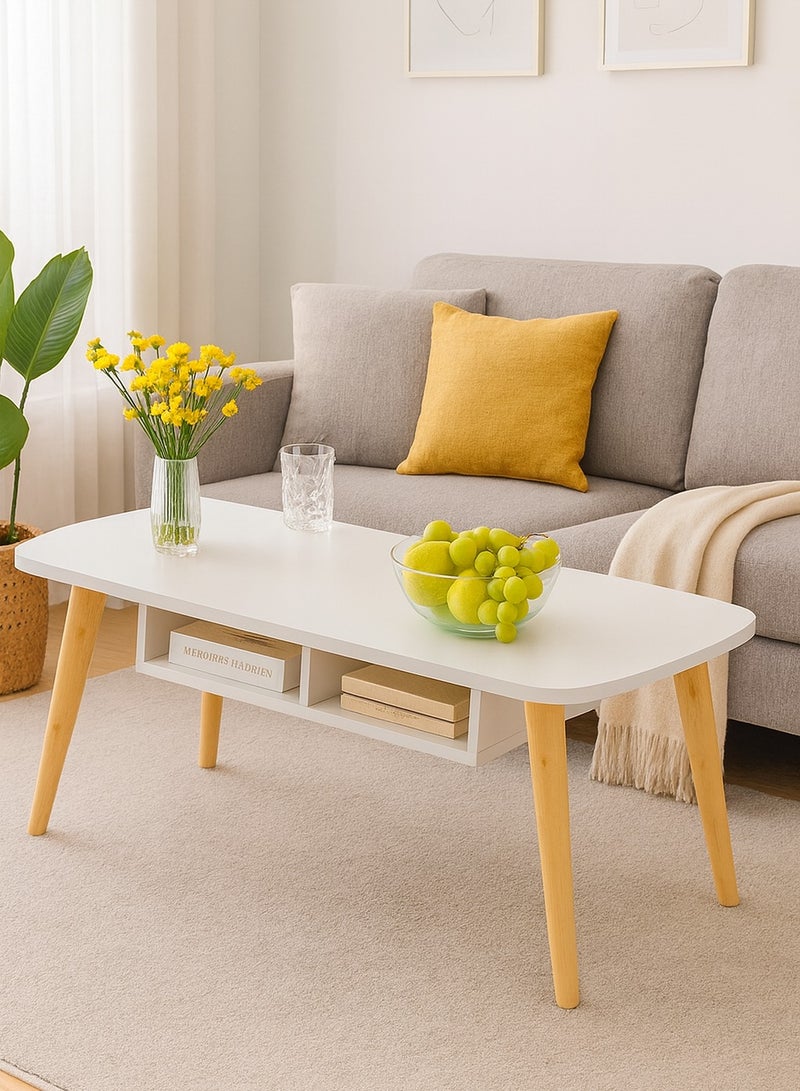 Lovstro Large White Coffee Table 100×50 cm with Storage Shelf, Durable Beech Wood Legs, Scandinavian Living Room Center Table, Easy Assembly. - Image 4