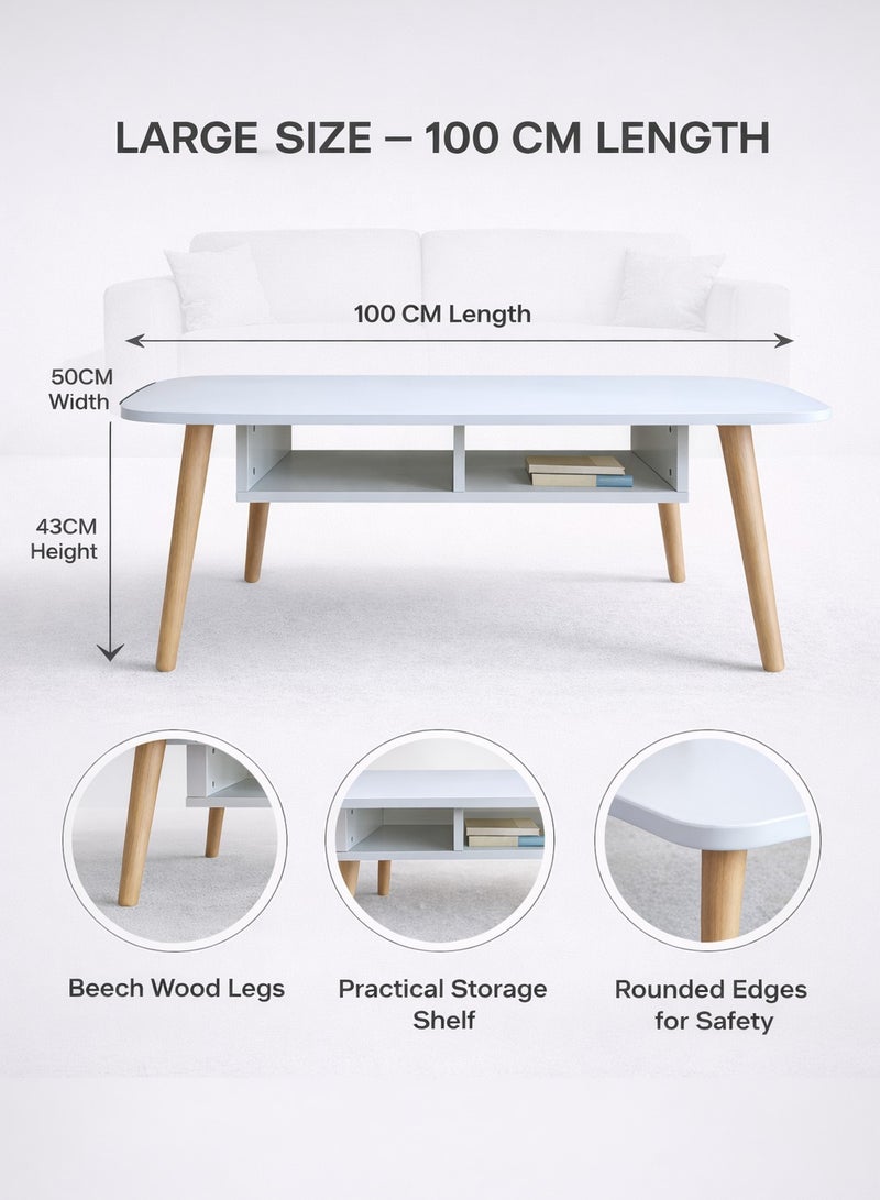 Lovstro Large White Coffee Table 100×50 cm with Storage Shelf, Durable Beech Wood Legs, Scandinavian Living Room Center Table, Easy Assembly. - Image 3