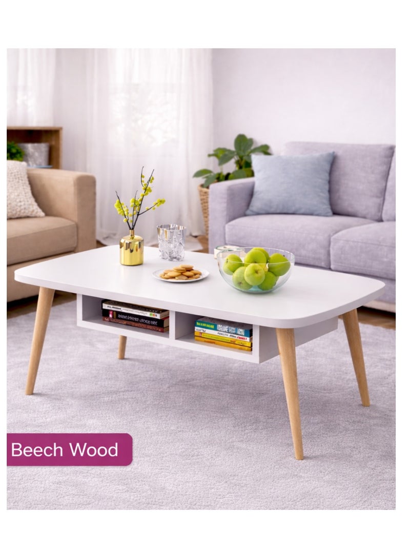 Lovstro Large White Coffee Table 100×50 cm with Storage Shelf, Durable Beech Wood Legs, Scandinavian Living Room Center Table, Easy Assembly. - Image 1