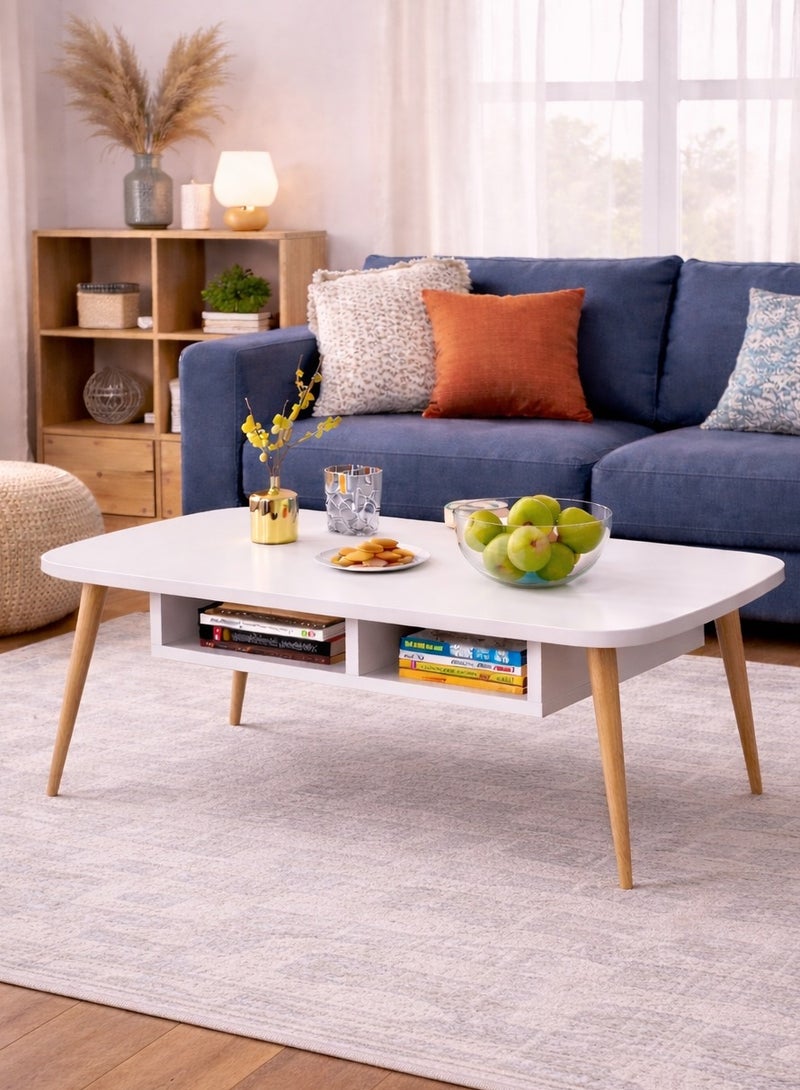 Lovstro Large White Coffee Table 100×50 cm with Storage Shelf, Durable Beech Wood Legs, Scandinavian Living Room Center Table, Easy Assembly. - Image 2