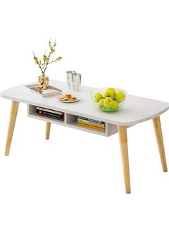 Lovstro Coffee Table from Durable Beech Wood Legs and Storage Shelf, Center Table, Easy Assembly, Simple Design Tea Table,100x50cm, Height 43cm, Modern White Top, Living Room Table, Ideal for Home and Office  - Image 2