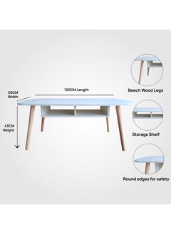 Lovstro Coffee Table from Durable Beech Wood Legs and Storage Shelf, Center Table, Easy Assembly, Simple Design Tea Table,100x50cm, Height 43cm, Modern White Top, Living Room Table, Ideal for Home and Office  - Image 3