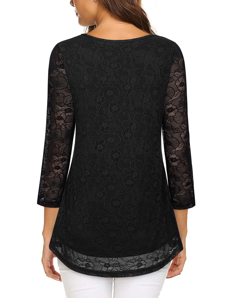 VALOLIA Women's Tops Dressy Casual, Beautiful Blouses for Women Flattering Tops to Hide Tummy Lace Tunic Tops for Women Plus Size Funeral Clothes Special Occasion Lace Black Large - Image 2