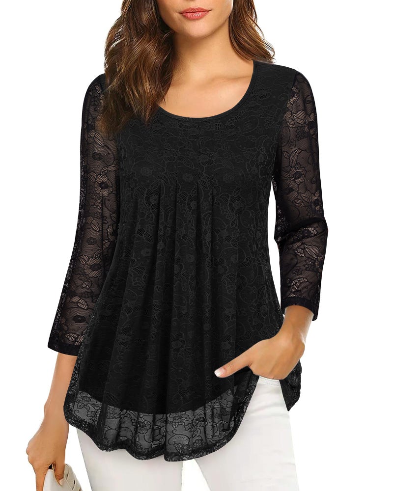 VALOLIA Women's Tops Dressy Casual, Beautiful Blouses for Women Flattering Tops to Hide Tummy Lace Tunic Tops for Women Plus Size Funeral Clothes Special Occasion Lace Black Large - Image 5