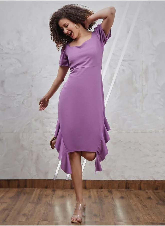 Athena Asymmetrical Hem Square Neck Midi Dress with Ruffles by Styli