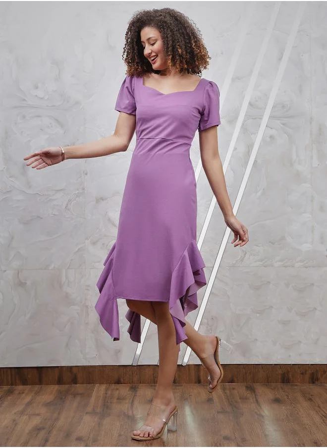 Athena Asymmetrical Hem Square Neck Midi Dress with Ruffles by Styli