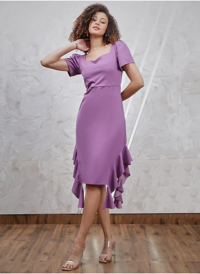 أثينا Asymmetrical Hem Square Neck Midi Dress with Ruffles