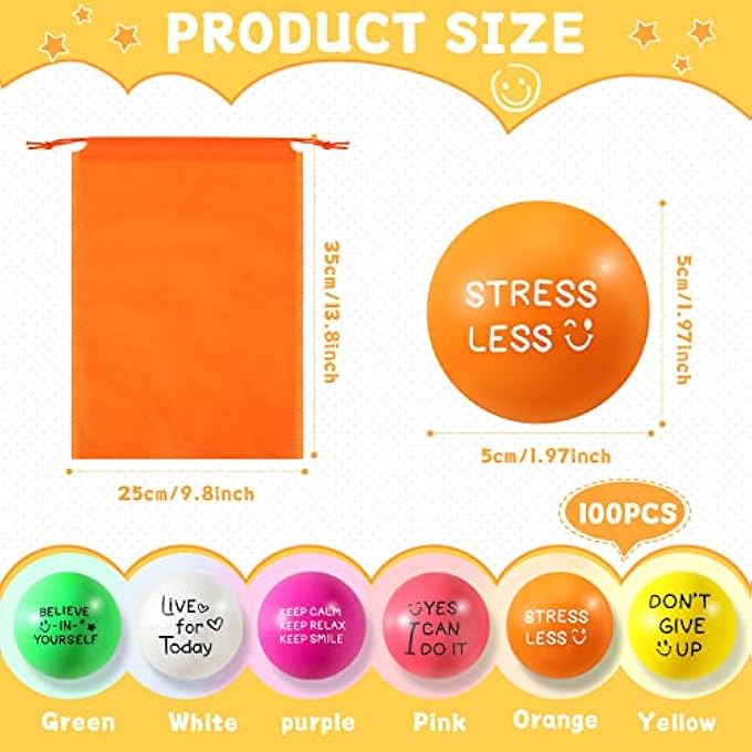 Shappy 100 Pcs Motivational Stress Balls Bulk 1.97 in Colorful Small Foam Inspirational Stress Relief Fidget Balls with Quotes, Drawstring Bag for Anxiety Relief(Bright) - Image 3