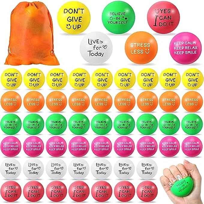 Shappy 100 Pcs Motivational Stress Balls Bulk 1.97 in Colorful Small Foam Inspirational Stress Relief Fidget Balls with Quotes, Drawstring Bag for Anxiety Relief(Bright) - Image 1
